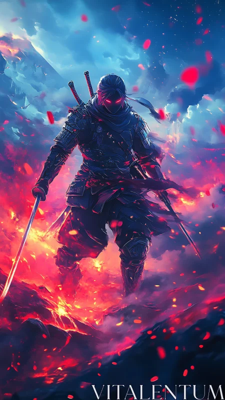 Cybernetic samurai strides through blazing volcanic battlefield