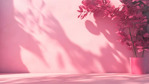 Monochrome pink potted plant casting soft wall shadows.