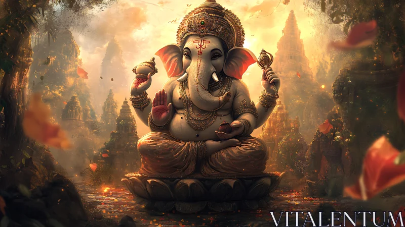 Golden Ganesha deity sits amid glowing temple ruins