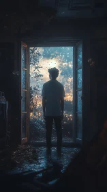 Silhouetted figure faces glowing storm beyond open doors.