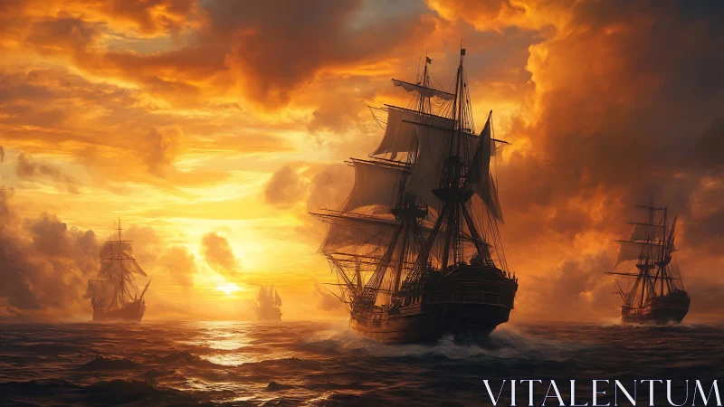 Sunlit tall ships cutting through storm-tinted golden seas.