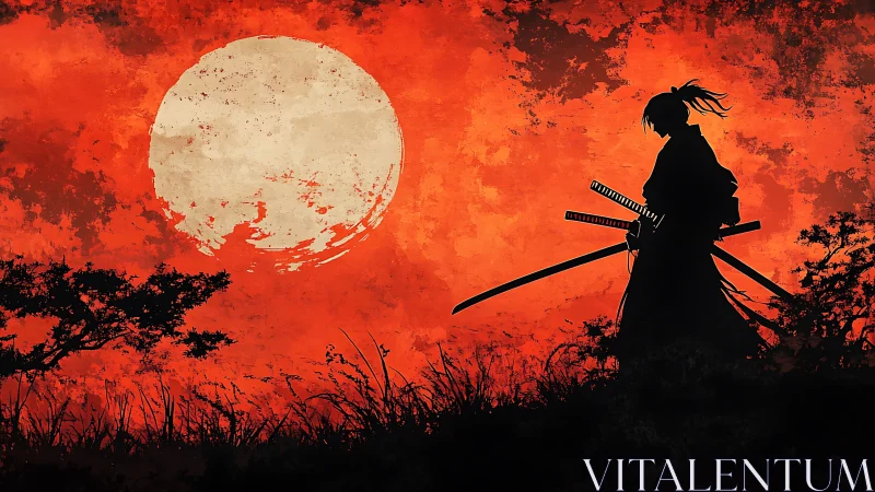 Silhouetted samurai figure before large pale moon at dusk.