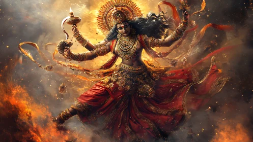 Multi-armed goddess figure rendered amid dynamic fiery clouds