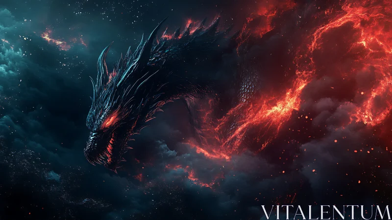 Fiery dragon spirit glides through stormy ash filled sky