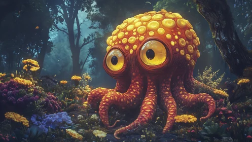 Bioluminescent cyclopean octopus rendered in enchanted forest