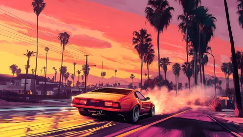 Retro muscle car drifts through neon-graded sunset boulevard