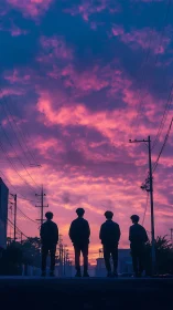 Silhouetted friends stand beneath an electric violet sunset sky