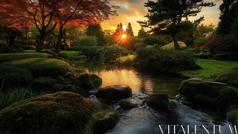 Golden hour sunburst illuminates tranquil garden stream