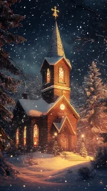 Snowy brick church at night with warm stained glass glow.