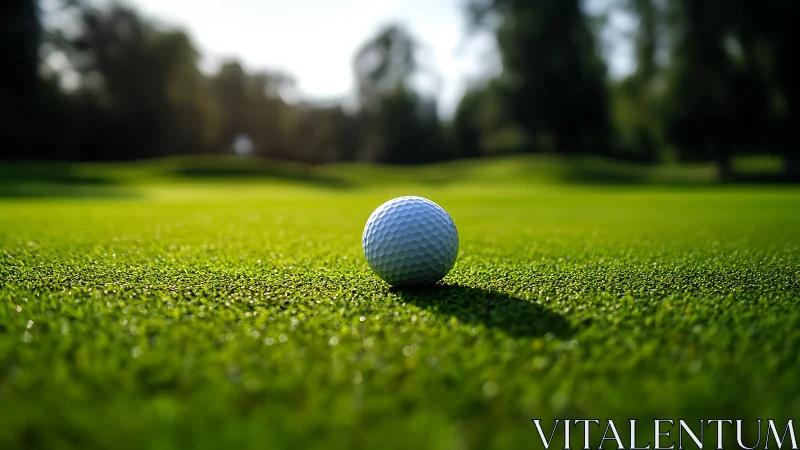 Photorealistic close-up of golf ball on sunlit green turf.