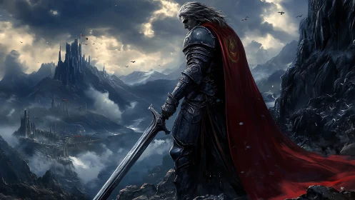 Lone armored knight surveys storm-dark fantasy kingdom.