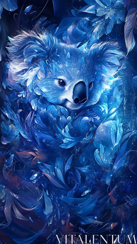 Dreamy sapphire koala wrapped in swirling starlit petals.