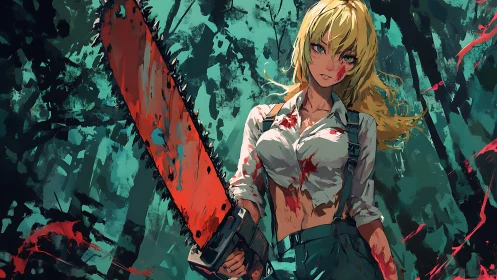 Blonde woman holds a bloodstained chainsaw in stylized forest