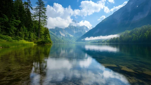 Mountain lake reflects forest slopes under bright summer sky
