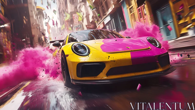 Yellow magenta sports car drifts through neon urban color burst