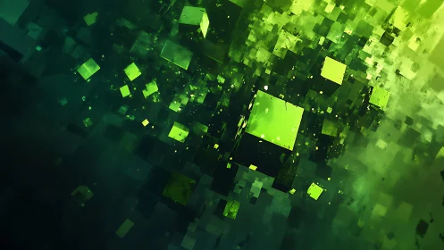 Floating Green Cubes in Abstract Digital Space, Modern Art Style.