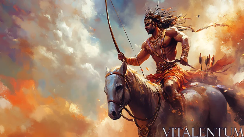 Mythic warrior archer rides warhorse through burning sky.