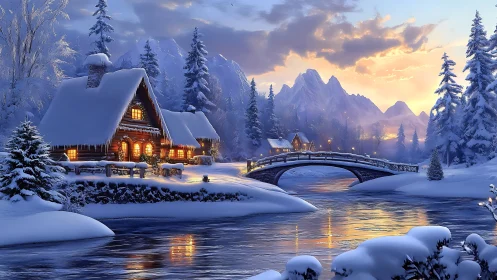 Snow covered cabin and bridge in quiet winter valley at dusk.