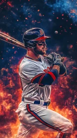 Fiery baseball swing frozen in a star-swept explosion of color.