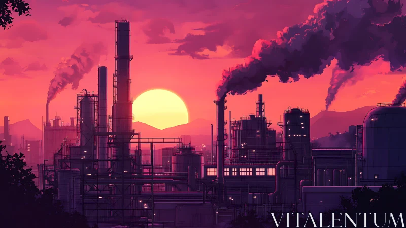 Industrial refinery skyline under vivid magenta sunset glow.