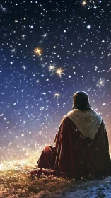 Robed figure gazes into luminous winter starlit sky.