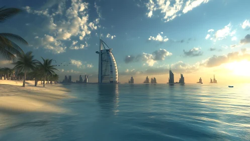 Futuristic Dubai shoreline with iconic offshore tower at dusk.