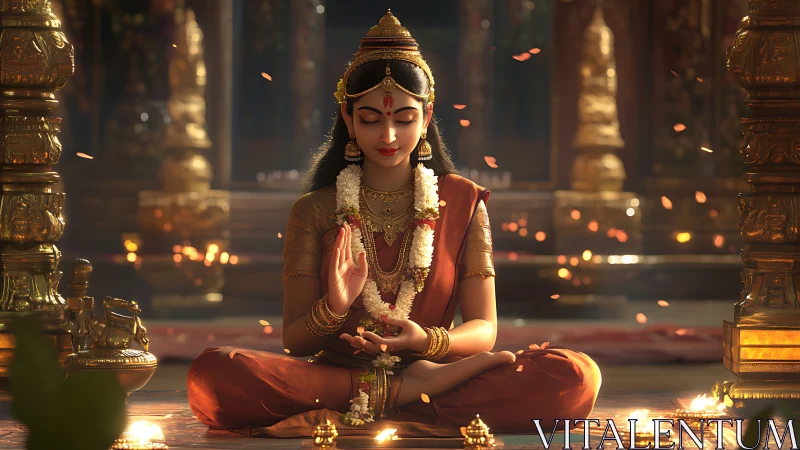 Serene Indian woman meditates in golden temple glow.