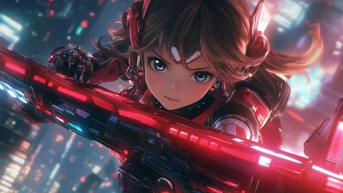 Futuristic anime warrior surges through neon city skies