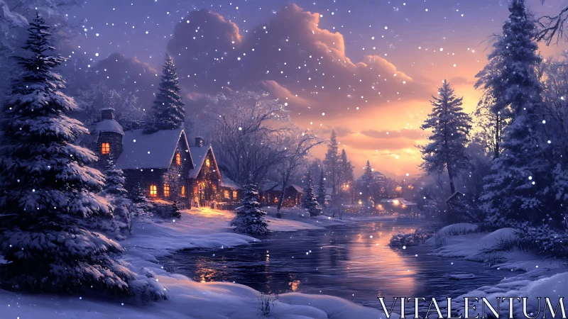 Snow covered riverside cabins glow under winter sunset