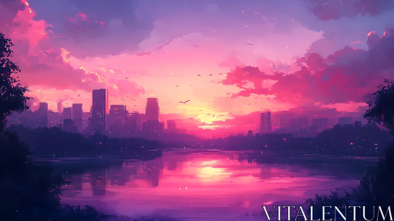 Urban skyline with reflective lake under pink sunset sky.