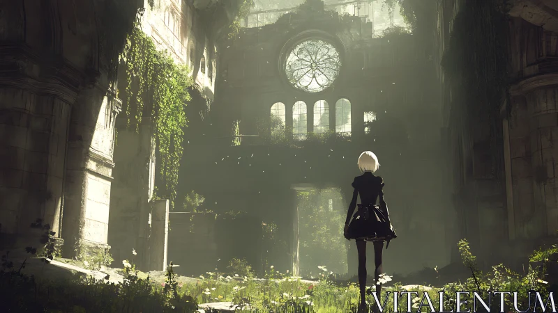 Quiet android wanderer in a sunlit overgrown cathedral.