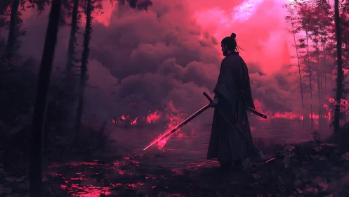 Samurai silhouette surveys flaming misted lake under magenta sky
