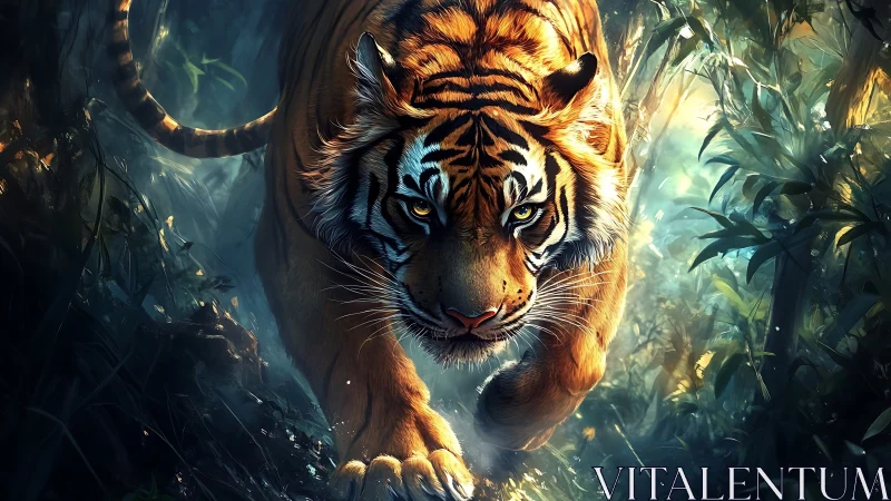 Tiger moving through dense jungle under dramatic light.