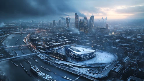 Futuristic winter cityscape over riverfront megastructure.