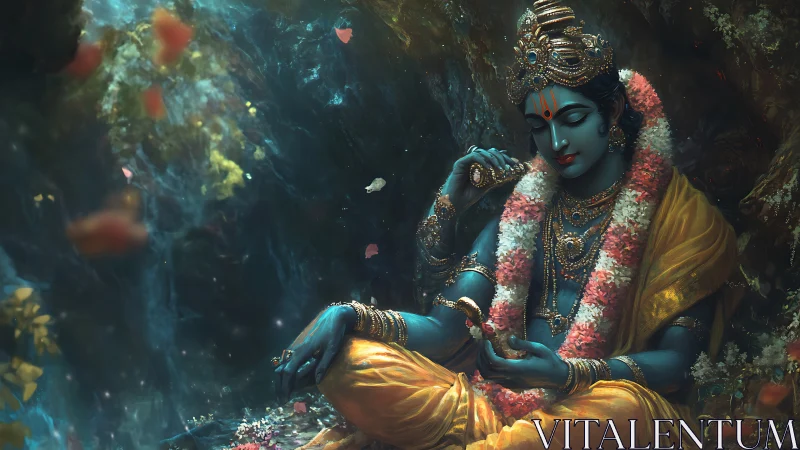 Blue lotus dreamer crowned in garlands and golden quiet.