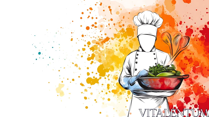 Faceless chef illustration with salad bowl and paint splashes