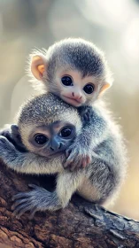 Twin baby monkeys cling on branch in soft rim lighting.