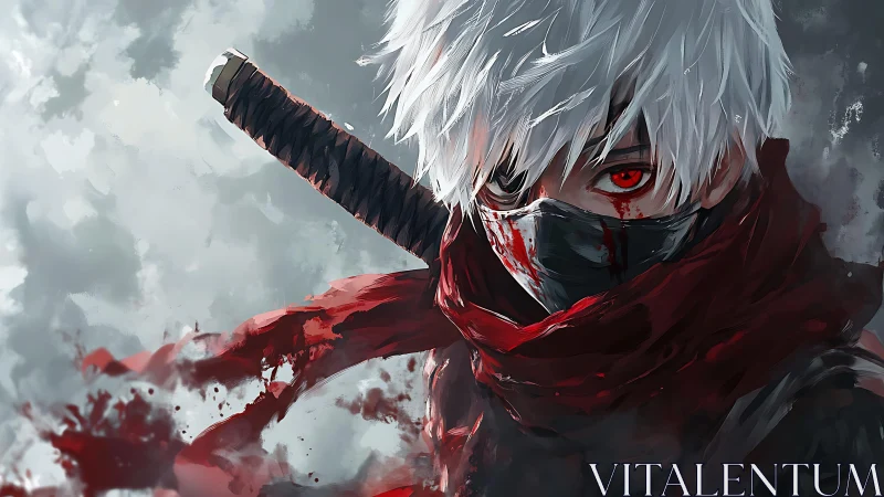 Silver‑haired nightblade wrapped in storm and scarlet ruin.