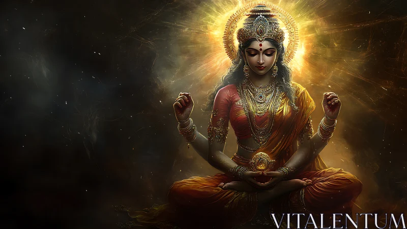 Radiant goddess in meditation glows within cosmic light.