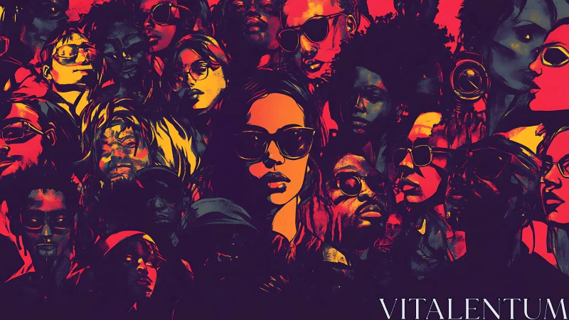 Clustered stylized portraits in red, orange and dark tones.