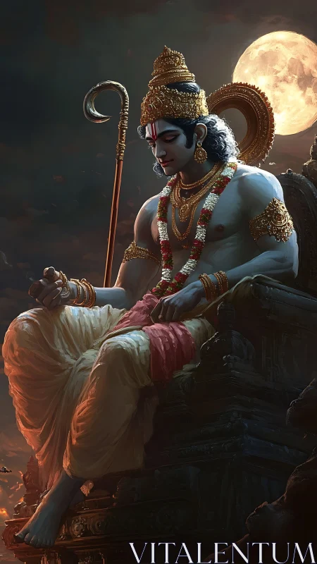 Divine warrior seated on ornate throne under moonlight.