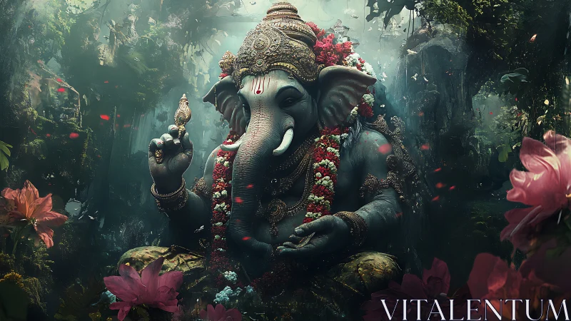 Elephant-headed forest deity in hyper-detailed digital rendering.