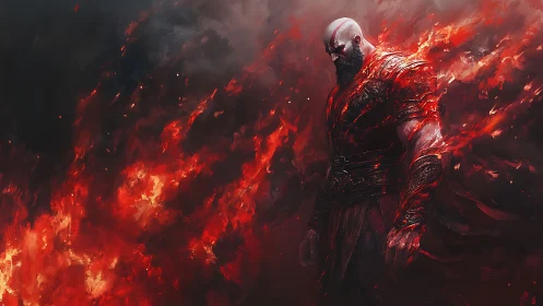 Armored warrior engulfed in red flames in dark void.