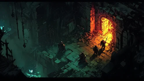 Bold adventurers step toward a glowing dungeon gateway