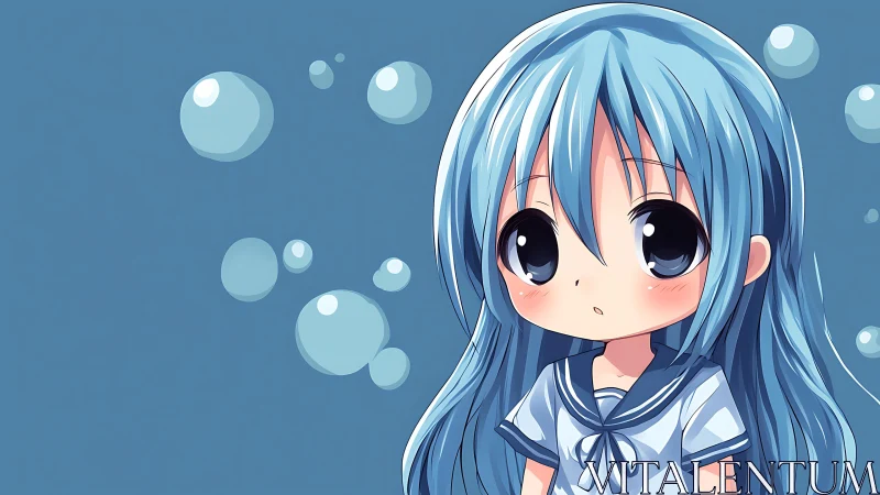 Blue haired chibi student with bubbles on blue field.