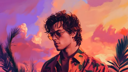 Stylized young man in sunglasses under vivid sunset sky.