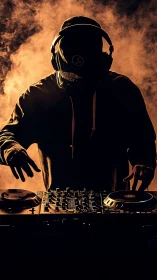 Shadowed DJ conjures firelit beats in swirling stage smoke.