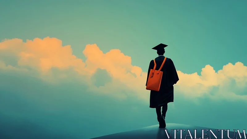 Graduate walks into glowing clouds, symbolizing hopeful futures