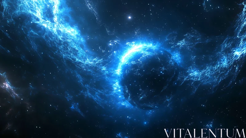 Radiant blue nebula swirls around a shadowed cosmic sphere