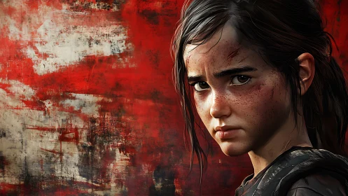 Battle-scarred young survivor against brutal red abstract.